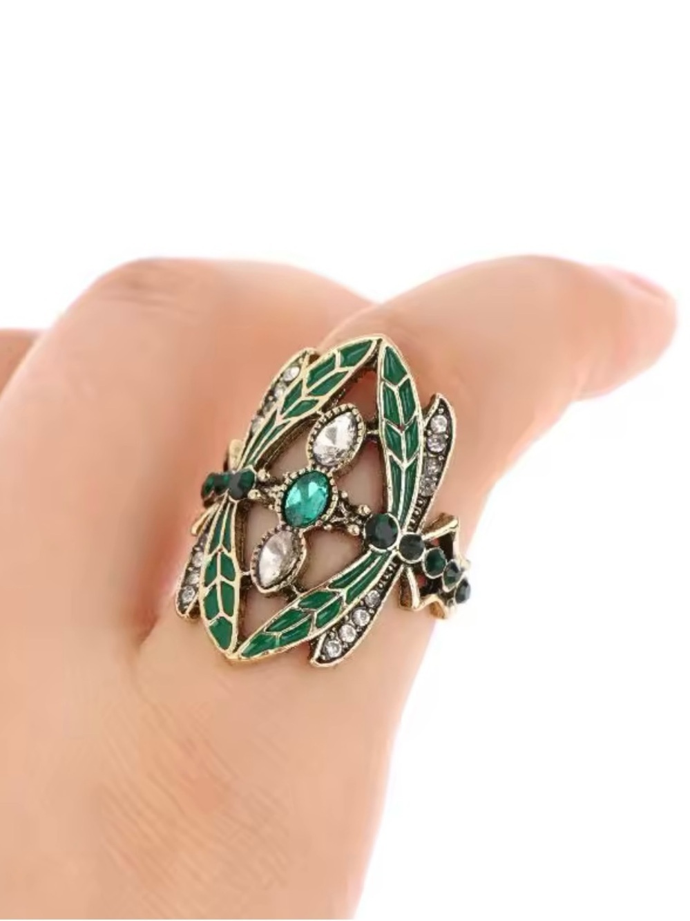 NEW! Green Enamel Dragonfly Ring with Emerald and Crystal Accents. B2-116 - Picture 6 of 7